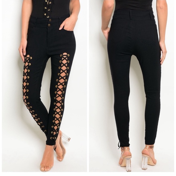 High Waisted Black & Sexy Cris Cross Stretchy Jeans with Side Zipper Snug fit 👍 - Picture 5 of 10